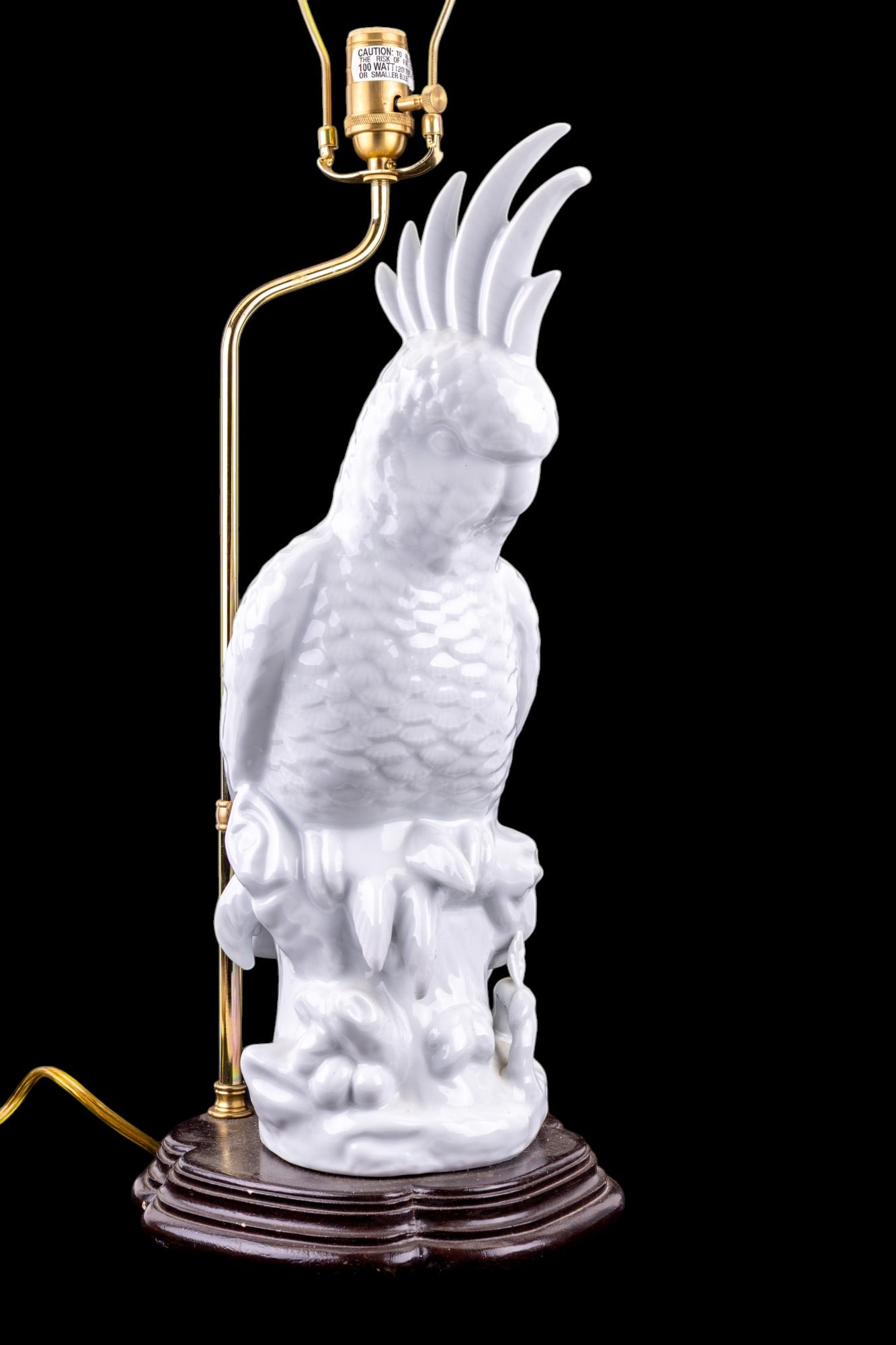 White Porcelain Cockatoo Lamp: Highly-detailed white porcelain cockatoo table lamp w/ wood base. Lamp is missing finial & does not come w/ shade. Item measures approx. 32" tall, 9" wide, & 10" deep. See photos for further details.