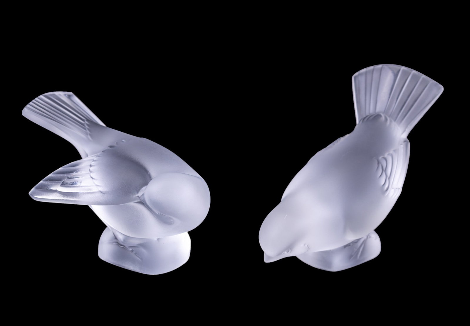 Lalique Sparrows (2): Two Lalique frosted crystal sparrow figurines, tallest measures approx. 4" H.