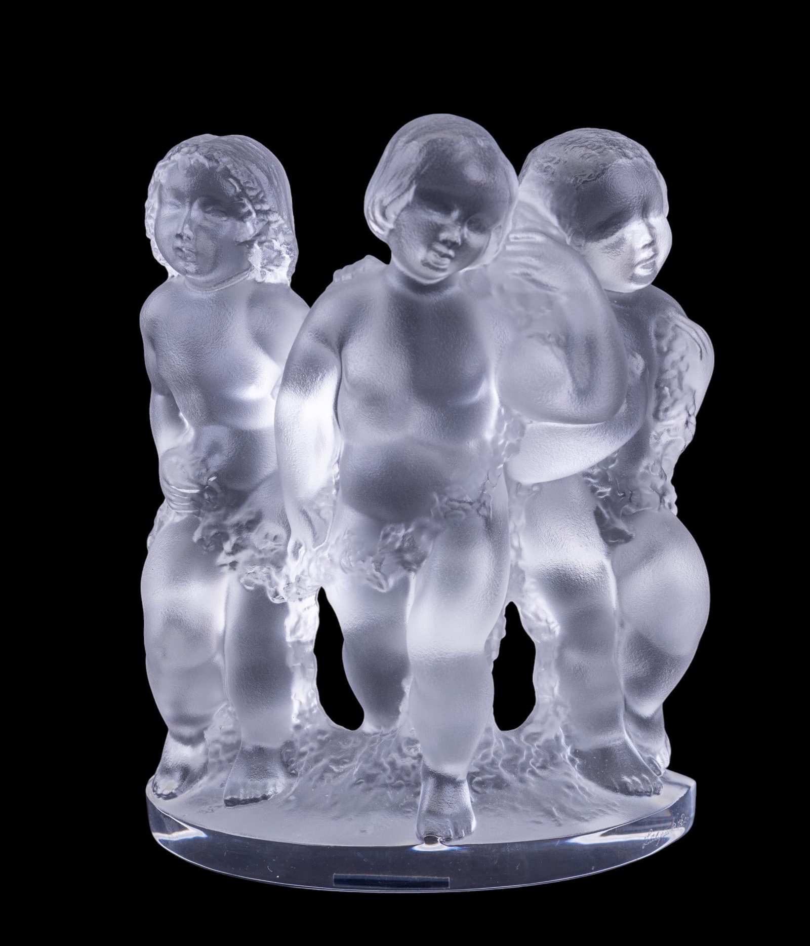 Lalique Luxembourg Cherub Figurine: Lalique frosted crystal Luxembourg Cherubs figurine, in original box, measuring approx. 8" H x 7" W.