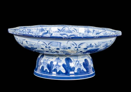 Maitland Smith Chinoiserie Footed Centerpiece Bowl: Maitland Smith blue & white Chinoiserie centerpiece bowl w/ koi fish & botanical design. Item measures approx. 6.25" tall & 16.5" in diameter. Designer decor.