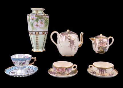 Satsuma Tea Set (6 Pcs) + Noritake Nippon Vase: Japanese Satsuma porcelain tea set including a teapot, a creamer, 2 teacups, & 2 saucers. Set features lavender, pink, blue, & green botanical / floral design w/ gilding. Glaze has crazing. Character
