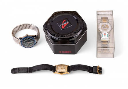 Collectible Watches (4) w/ G-Shock, Swatch: New-in-box Casio G-Shock W.R.20BAR wrist watch (dead battery), new-in-box Swatch 1996 Atlanta Olympics Official Sponsor wrist watch (dead battery), vintage Hamilton 10K GF wrist watch w/ black leather