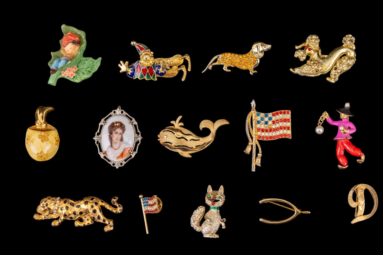 Whimsical Vintage Brooches - Some Signed: Some signed by Alice Caviness, Trifari, rhinestone dachshund, panther, cat, flag pins, & more.