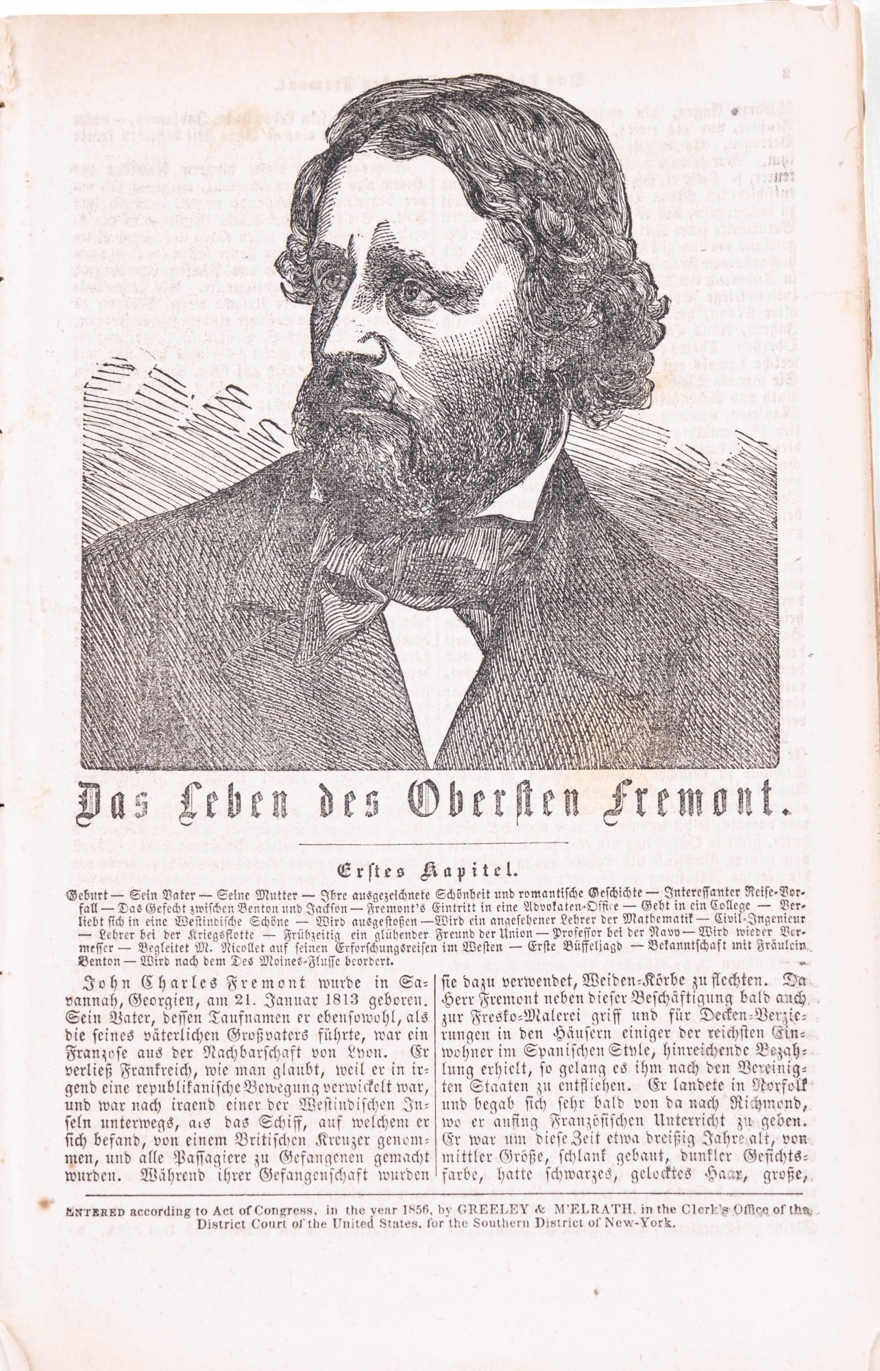 John C. Fremont 1856 Political Pamphlet in German: An antique pamphlet / booklet about Colonel John C. Fremont written in German & published in New York in 1856. This pamphlet was intended to garner support from German-Americans in his bid to become p