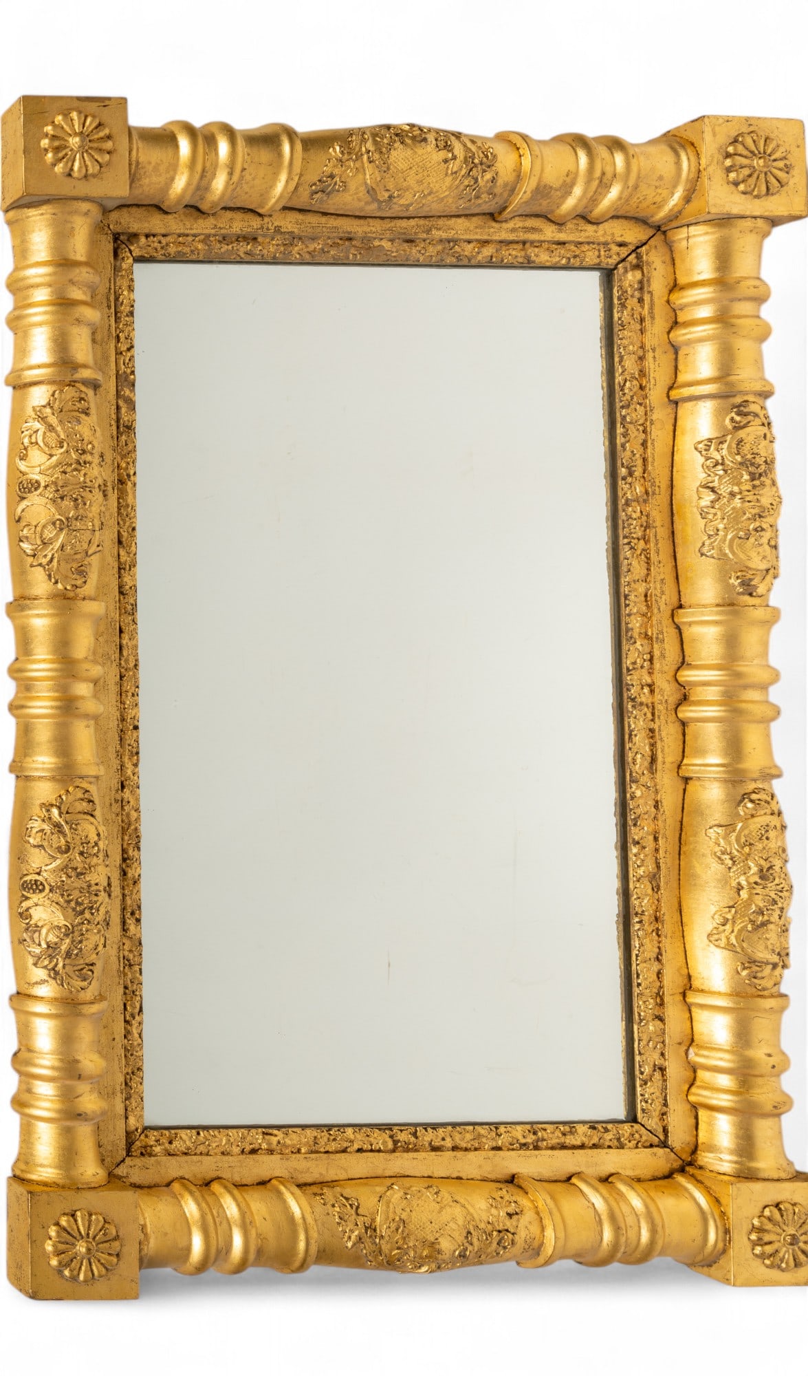 Antique Federal Style Gilt Wall Mirror: Antique Federal style gold tone wood and gesso wall mirror with floral accents with some wear measuring approx. 24.5" W x 36" H. Heavy.