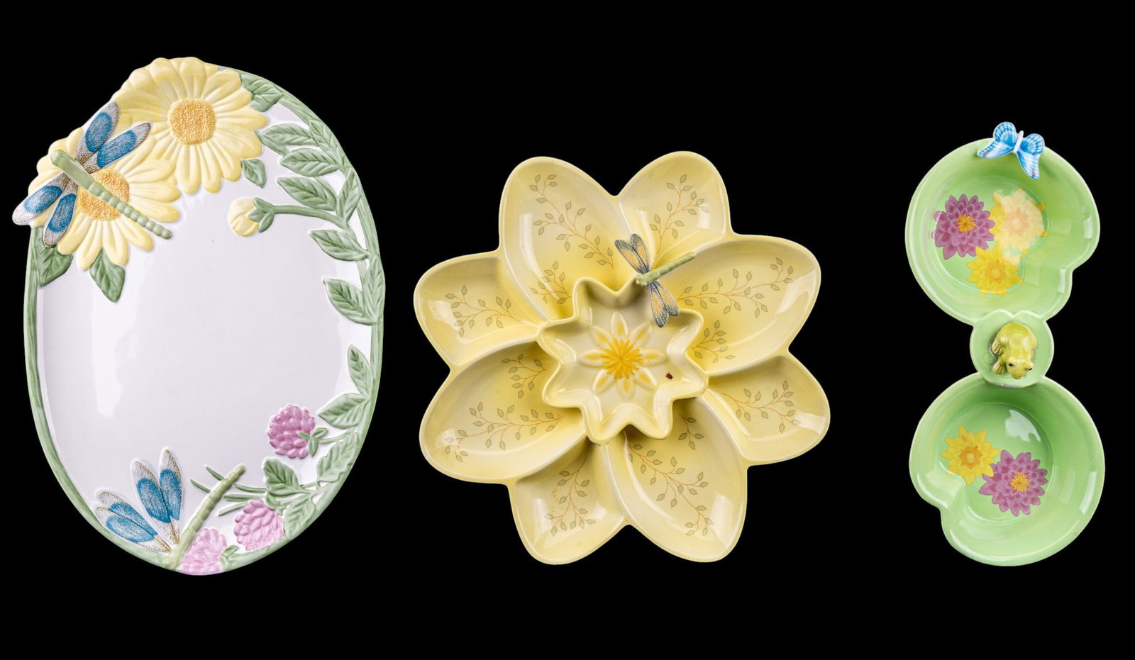 Lenox Butterfly Dinner Accessories: Lenox Butterfly Meadow service accessories including 2 figural butterfly salt and pepper shakers, 6 figural dragonfly salt and pepper shakers, 6 figural baby chick salt and pepper shakers, 2 figural l