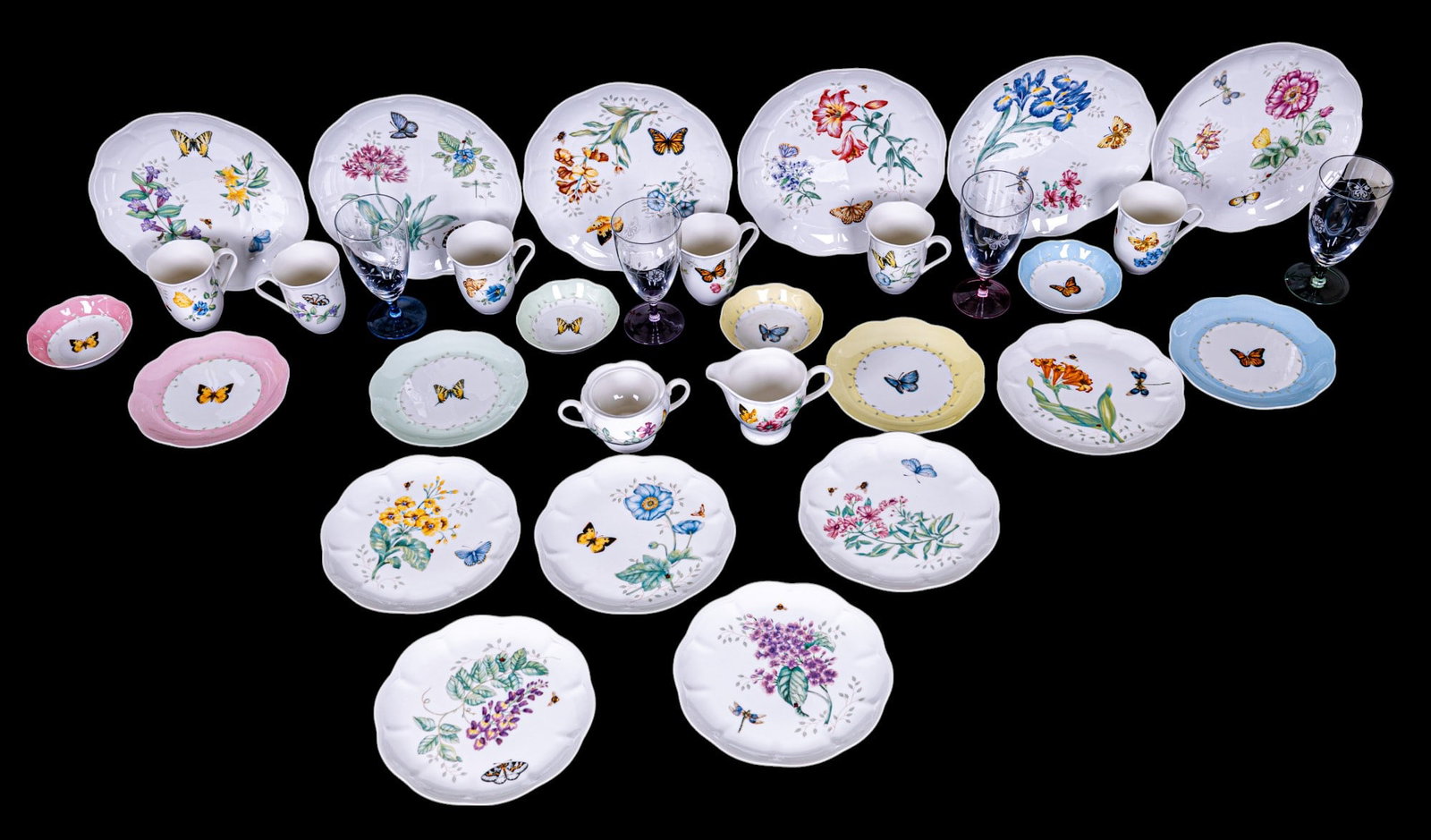 Lenox Butterfly Meadow Cups, Saucers, C&S: Lenox Butterfly Meadow table and service accessories featuring a 16" platter, 3 round serving bowls measuring 10", 8", and 6" diam, 4" square serve and store dish, note missing lid, figural butterfly 