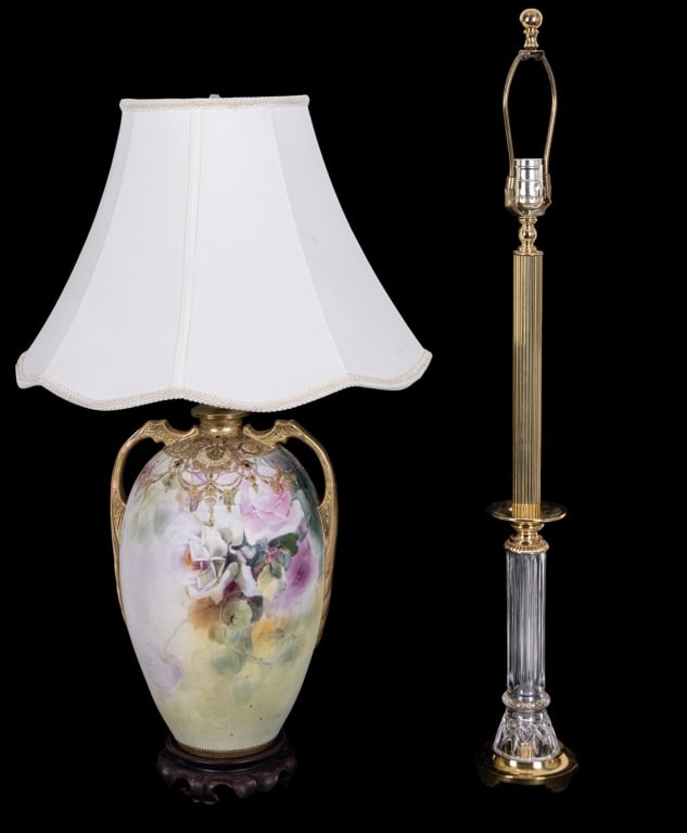 Painted Porcelain plus Crystal Brass Lamp (2): Painted and enameled porcelain lamp with Asian style wood base, attributed to Nippon, measures approx. 20" H to the socket plus a cut crystal and brass skinny lamp, there is no maker's mark but there