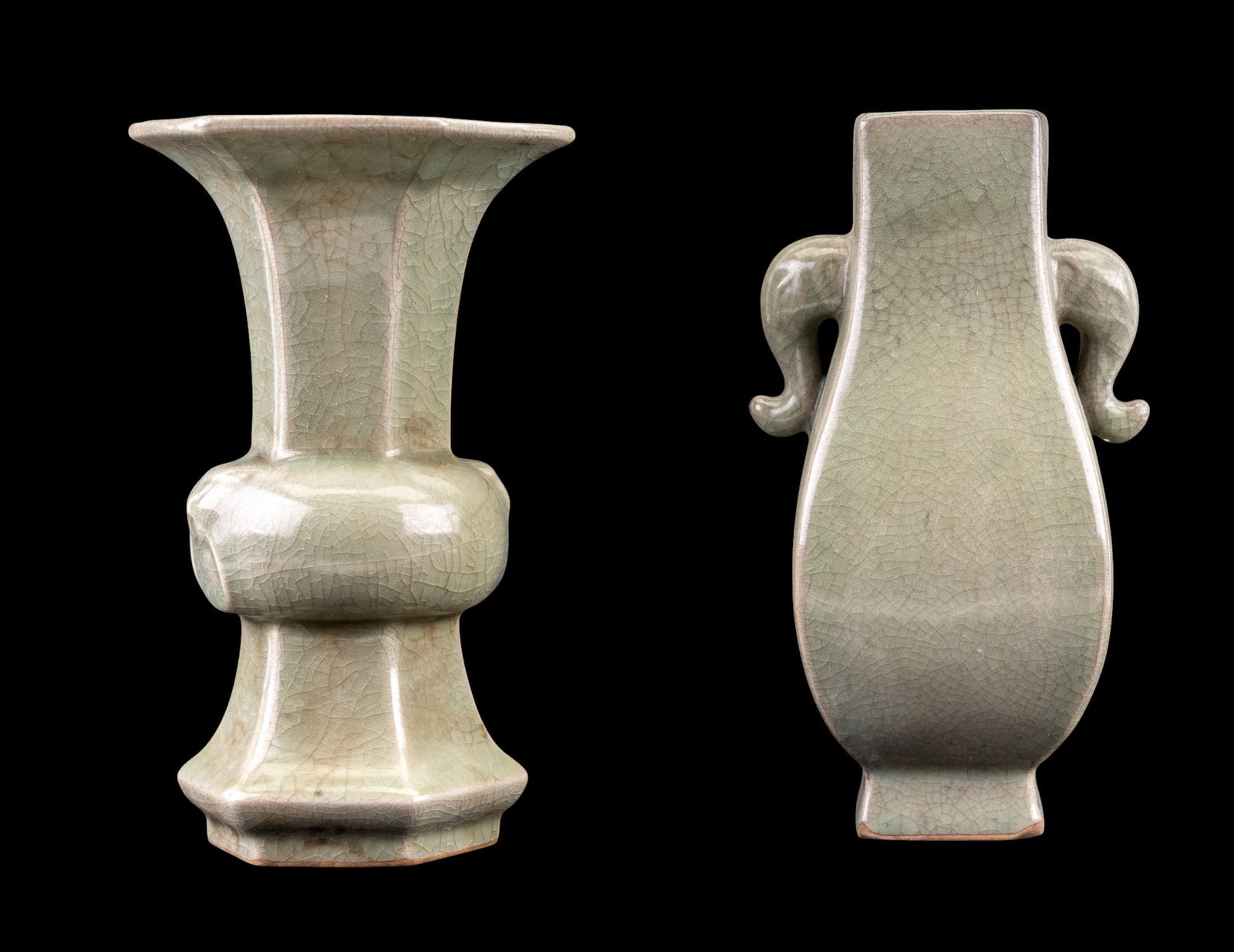 Chinese Celadon Gu & Hu Crackle Glaze Vases (2): Pair of Chinese Song Dynasty-style green celadon Gu & Hu vases w/ crackle glazes / crazing. The Gu vase is hexagonal & has a seal mark on the bottom, possibly indicating its origin. Both vases are app