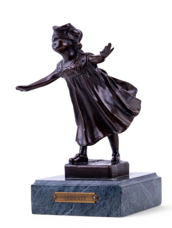 G. Ferratt (French) Bronze Sculpture, 20th C: Bronze Sculpture of Young Girl with a plaque reading Ferratt on a marble base. The sculpture itself is also signed G. Ferratt within the bronze at the bronze base by the feet and is standing approx. 7