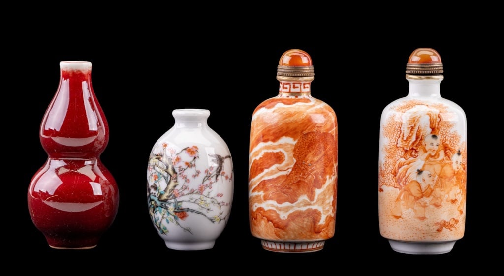 Chinese Porcelain Snuff Bottles (4) w/ Seal Marks: Collection of 4 Chinese porcelain snuff bottles, 3 w/ seal marks on the bottom. Designs include an orange on white dragon w/ a carnelian top, an orange on white scene of 5 children playing outside w/ 