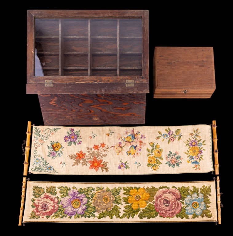 Small Curio Cabinet, Cigar Box & Embroideries (2): Small curio corner cabinet for showcasing collections of curios, such as figurines or other interesting objects. Item measures approx. 16" tall, 13.25" wide, & 8.5" deep. Also included are a House of 