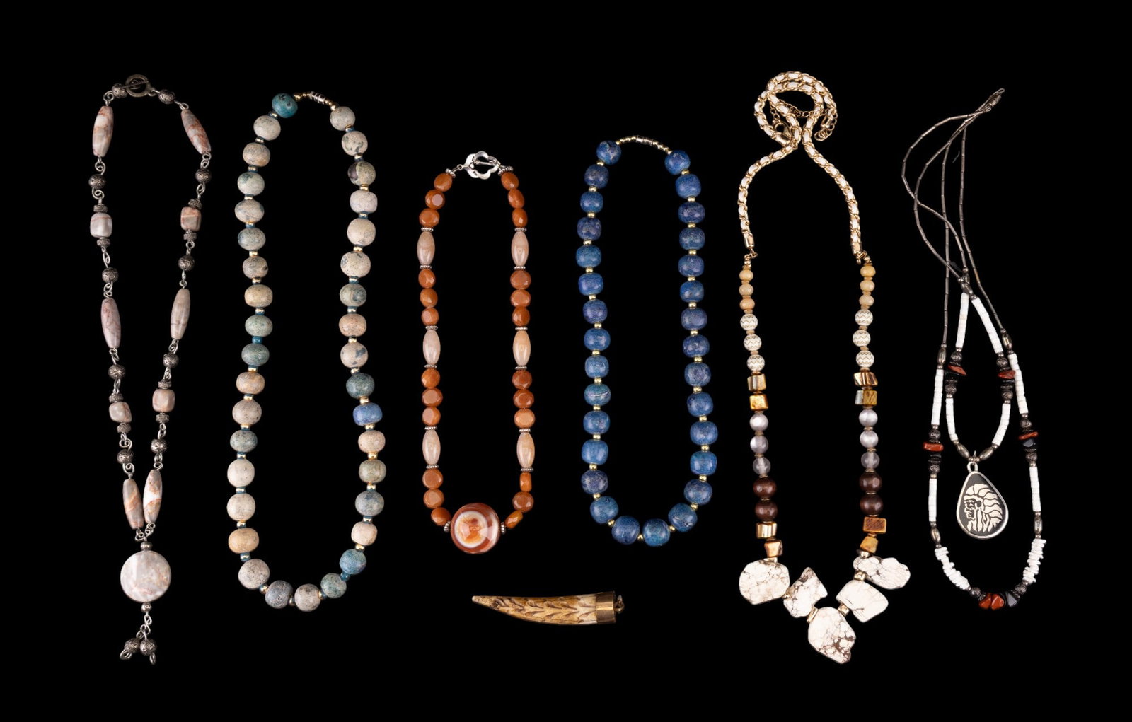 Natural Stone, Bone Jewelry: Grouping includes necklaces made from agate, marble bead necklaces, shell, bone tooth carving pendant, two blue colored stone necklaces & more.