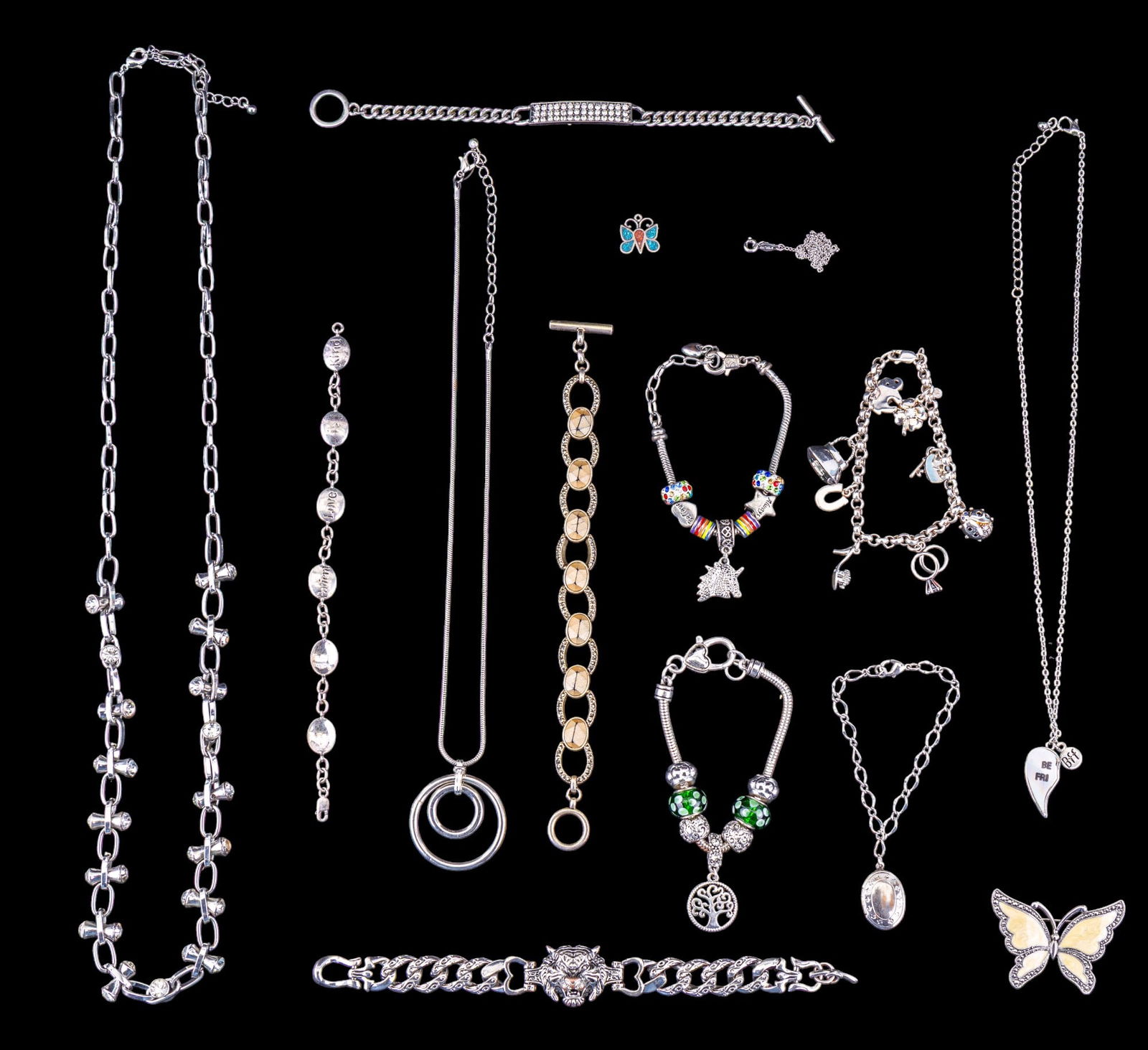 Sterling Charm Bracelet, Sterling, Silver Tone: Grouping includes a chunky sterling silver charm bracelet with sterling charms (horse shoe, locket unmarked), sterling panel bracelet measuring approx. 7.5" long reading "love is patient love is kind"