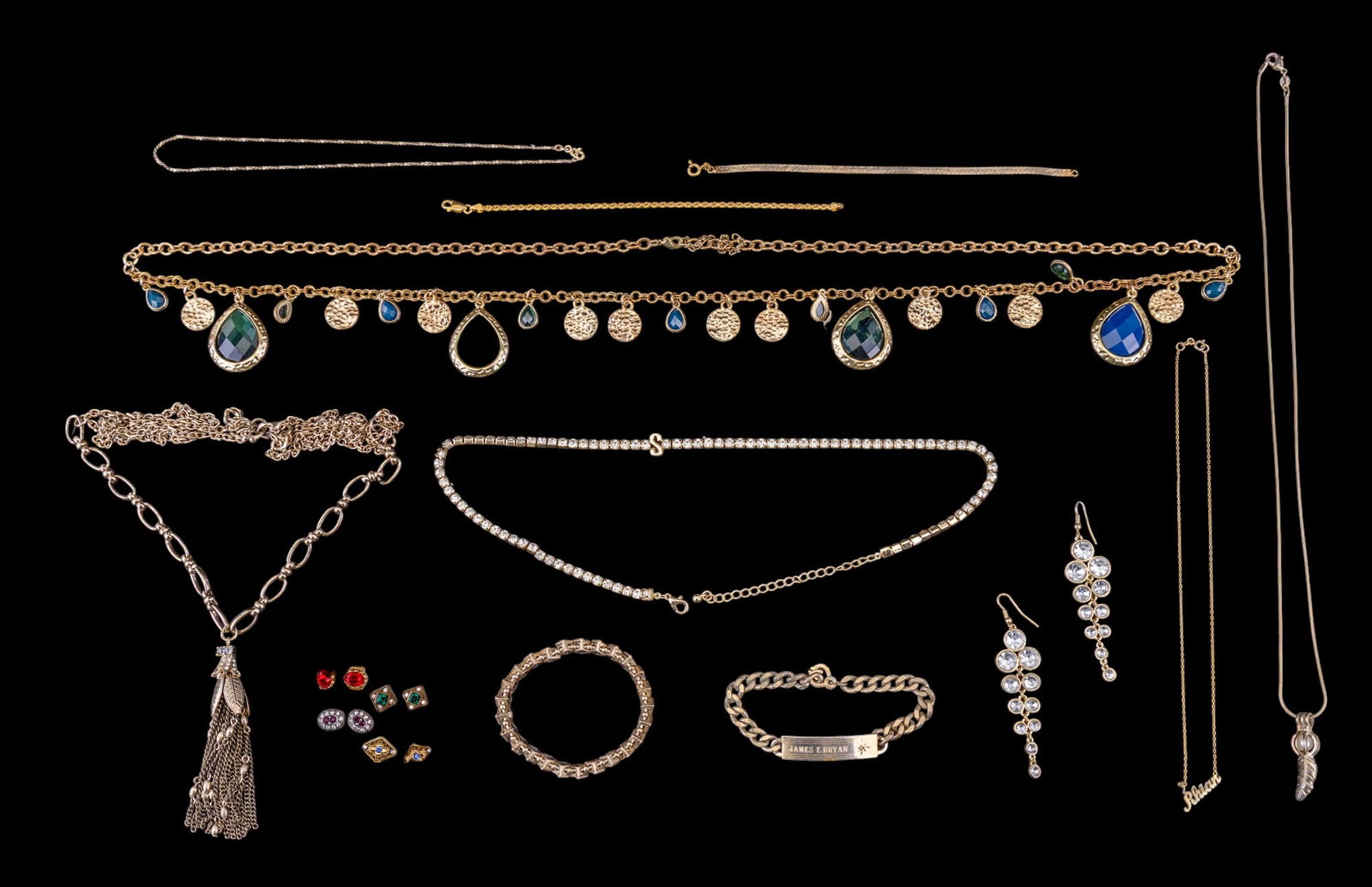 Gold Plated Sterling, Gold Tone Costume Jewelry: Grouping includes two Italian gold plated sterling silver bracelets with different links, a gold plated sterling pendant/charm, a petite vintage gold plated sterling necklace with approx. 8" drop, a g