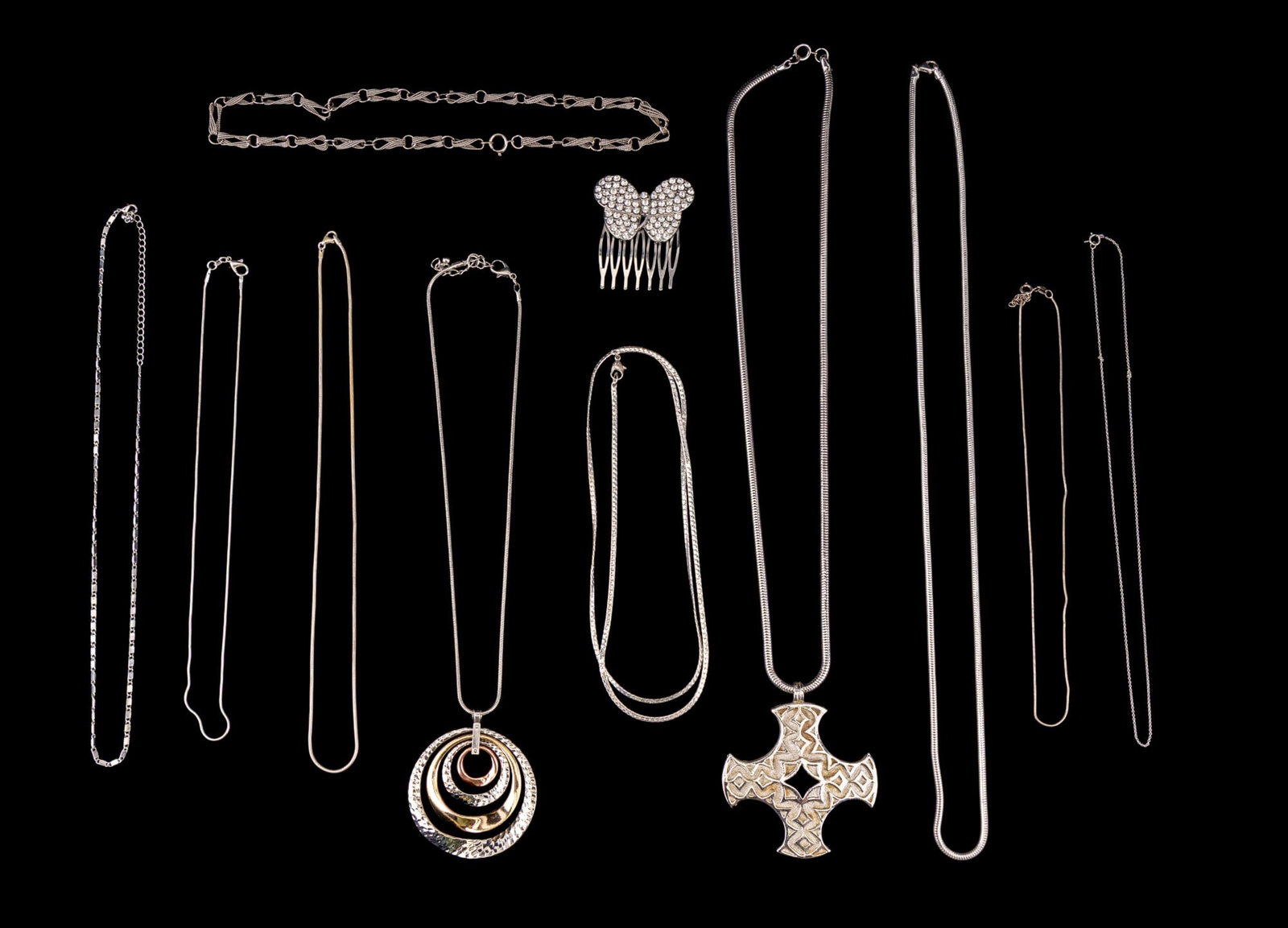Sterling Silver Chains, Rhinestone, Silver Tone +: Grouping includes an Italian thick sterling chain/necklace weighing over 1 oz and measuring approx. 14" drop, another Italian sterling necklace/chain measuring approx. 9.5" drop, two sterling necklace