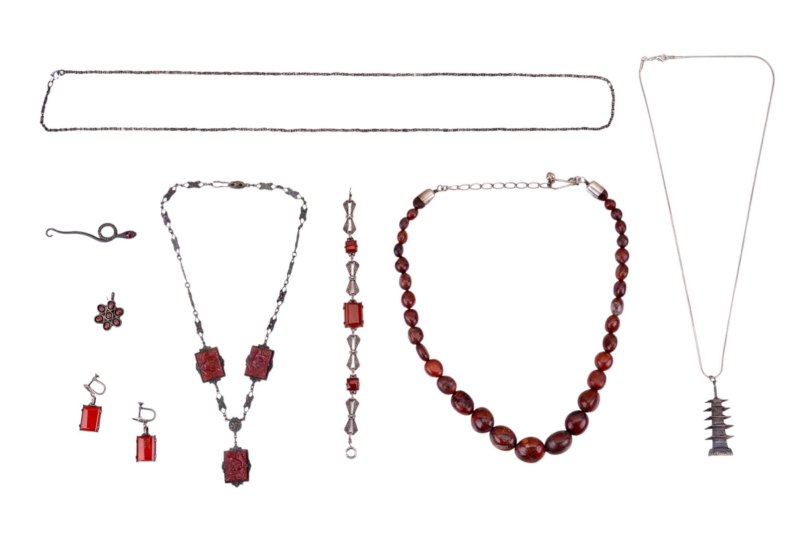 Sterling Jay King DRT & Red 925 Jewelry/Set: Sterling silver Japan pagoda pendant approx 1.75" H on sterling marked chain approx. 21" long, Jay King DRT (Desert Rose Trading) 20" L graduated red jasper bead & sterling necklace marked DRT China 9