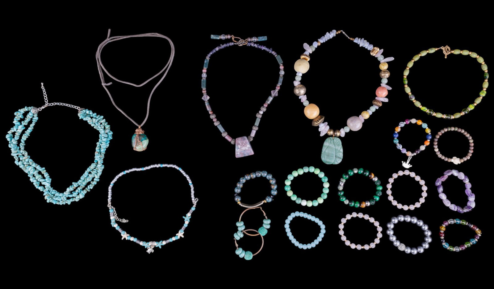 Natural Stone, Glass Beaded Jewelry: Grouping of natural stone and glass bead jewelry with a large natural stone chunk and plastic bead necklace + large green stone pendant, chunk turquoise three stranded necklace, purple stone bead brac