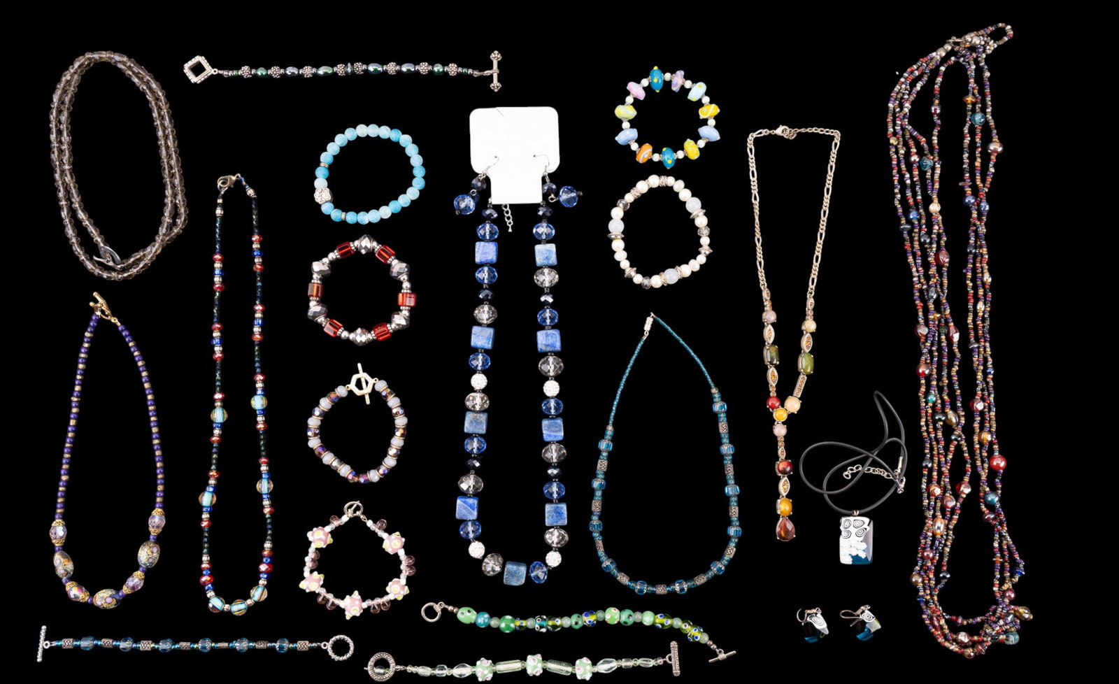 Crystal, Faceted Glass, Art Glass Jewelry: Grouping with Charming Charlie cut glass natural stone statement necklace & matching earrings, multiple art glass beaded bracelets, art glass multi-strand bead necklace, matching blue faceted glass ne