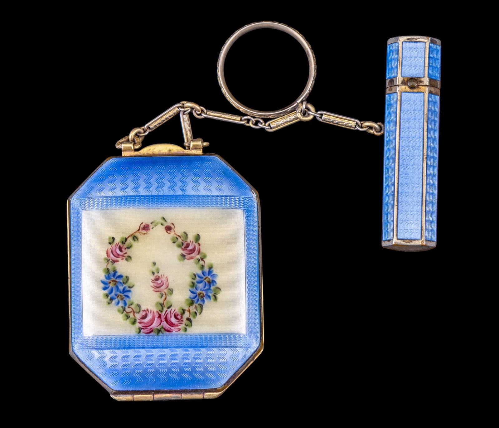 Early Guilloche Enamel Compact and Lipstick: Early champleve guilloche enamel compact with floral Edwardian detail and matching lipstick holder.