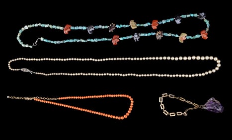 14K Amethyst Bracelet, Turquoise, & Pearl Necklace