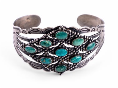 Vintage Signed Coin Silver Turquoise Cuff Bracelet