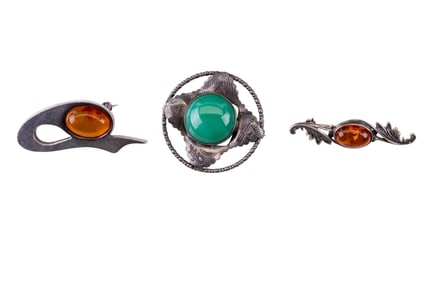 Vintage Sterling and Amber Brooches