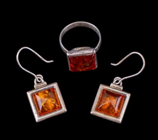 Vintage Sterling and Amber Ring and Earrings
