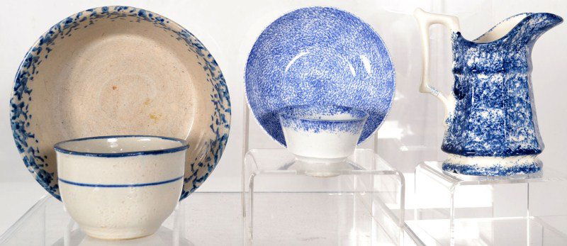 Sponge Decorated/Spatterware: Grouping of pottery including spatterware child's cup and saucer, contemporary sponge decorated pitcher, sponge decorated bowl, redware, etc.