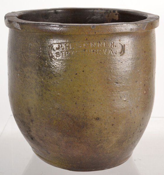 J.H. Sonner 1 Gal Redware Crock: J.H. Sonner Strasburg, VA 1 Gal Redware crock with a star crack and hairline