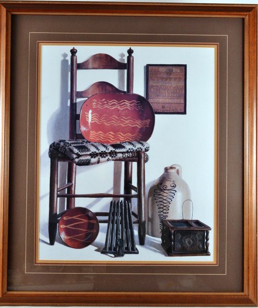 20thC Print of Antique Decorative Items: 20thC print of antique decorative items including a ladder-back Windsor chair, slip decorated redware loaf dish, tinware candle mold, slip decorated redware plate, Homespun Jacquard coverlet, a stonew
