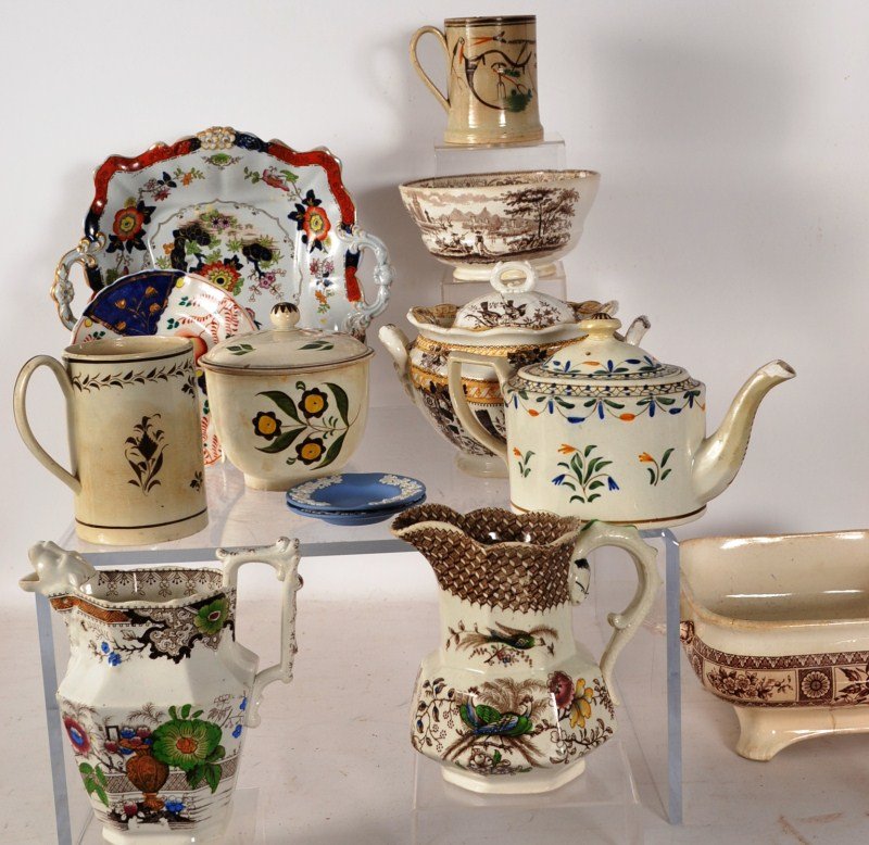 Grouping of 19thC English Ceramics: including Staffordshire pitcher with lion's head mouth, cream ware covered sugar, a soft paste teapot, Ironstone pitcher, ironstone platter, Staffordshire bowl appx 6", covered sugar, two mugs, open c
