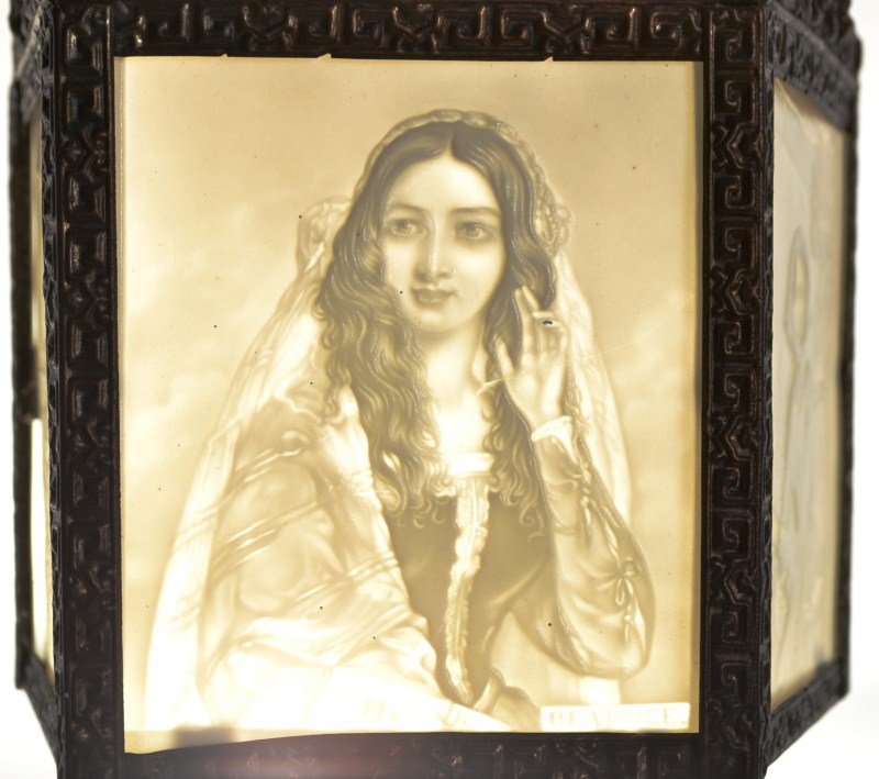 Five-Panel Lithophane Shade: scenes include a small boy with a dog, a woman, a child praying in bed, a woman getting married, a woman with a parakeet, "Beatrice" intaglio, appears "en grisaille" (in gray) tones