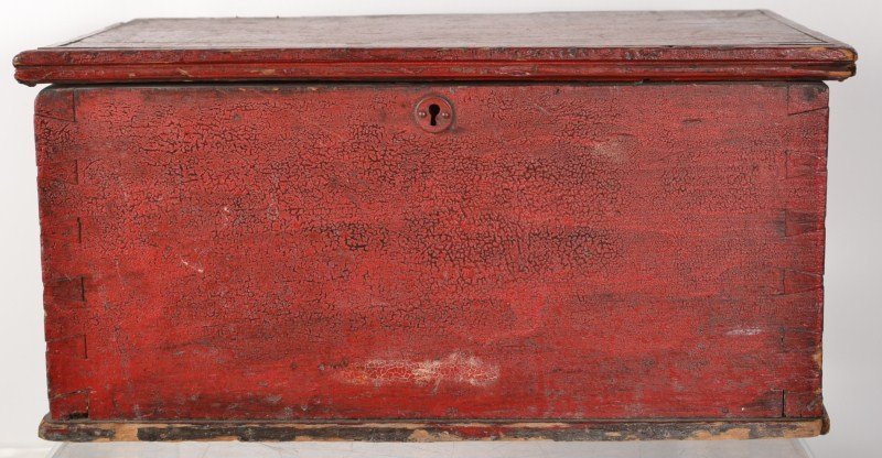 Miniature Blanket Chest in Red Paint: Miniature blanket chest in red paint, appx 10" x 19" dovetail construction, original hinges and lock, interior till (till is missing lid)