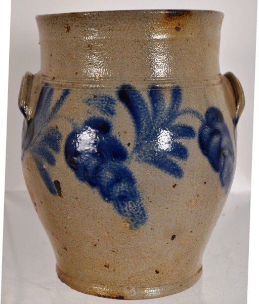 Blue Decorated Stoneware Handed Jar, attributed to Phil: Blue Decorated Stoneware handled jar with applied handles and with a grape motif in cobalt blue, attributed to Philadelphia appx 12" h, 1 1/2Gal