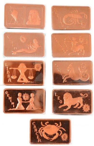 9 Copper Art Bars: 1970's Copper art Bars, 8 are Zodiac one is Ben Franklin