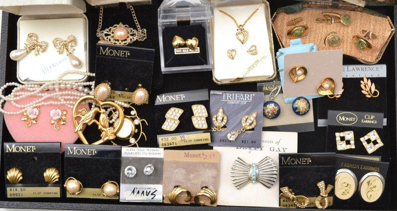 Large Grouping of Brand Name Costume Jewelry: Large Grouping of Costume Jewelry, most in original boxes and brand names like Monet, Alexandria Collection, Betty Gay, Trifari, Swarovski and Maggie Lawrence