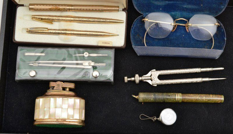 Desk Items: Vintage desk items including a Sheafer Lifetime line tortoise shell fountain pen (repaired lid), gold filled pen and pencil set, early protractor set dates 1894 with a later set, pair of gold filled s