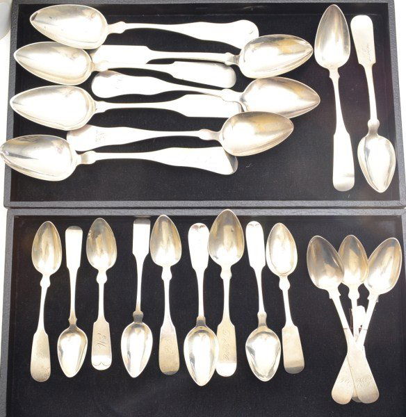 19th C Coin Silver Spoons: Coin silver spoons including teaspoons by Benjamin C. Frobisher, Boston, c1816 (x2), J H Clark Portsmouth NH c1812-1834, Cook, D.P. Smith (x2), M. Whitney NY, N. Harding, W. L. Pitkin Conn, and others