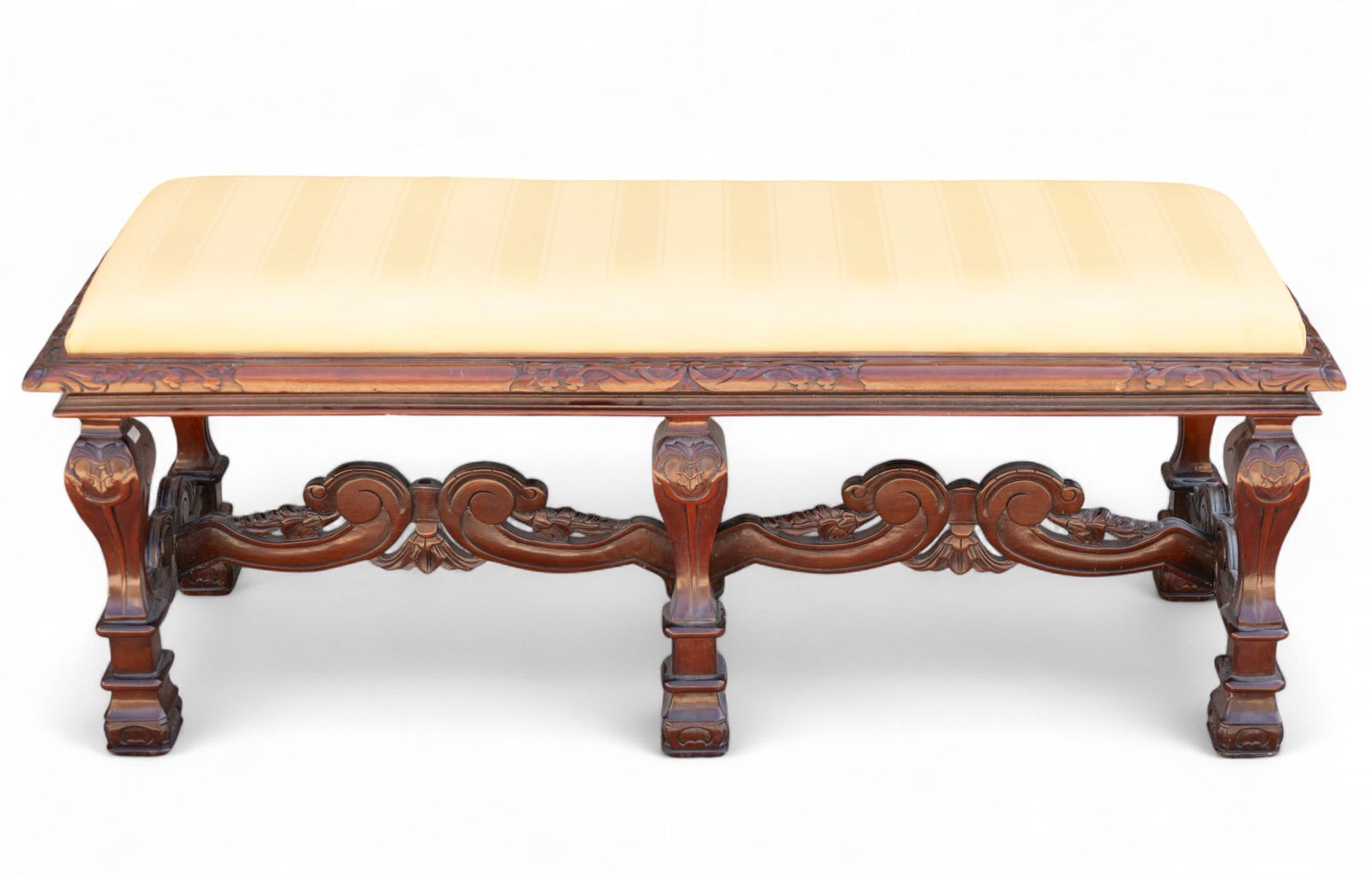 Highly Carved Mahogany Upholstered Bench (1 of 7)