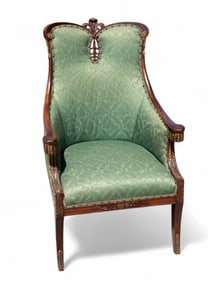 Nicely Carved Mahogany Fireside Chair, Damask