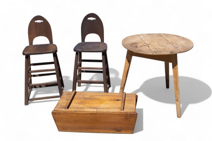 Period Cricket Table, ArtDeco Stools, PA Dough Box