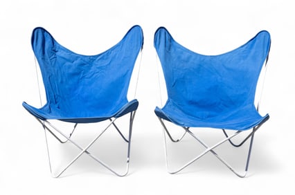 Vintage Pair Designer Blue Canvas Chairs