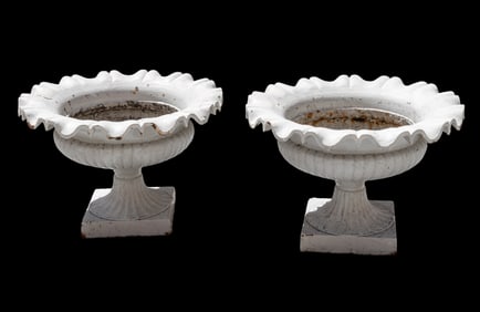 Nice Pair Ruffled Rim Cast Iron Planters