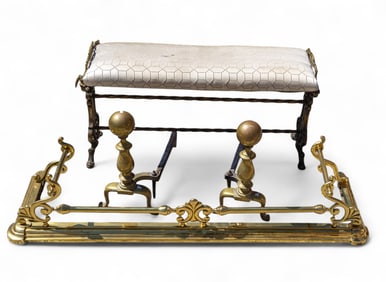 Brass Andirons, Fender, & Fancy Bench