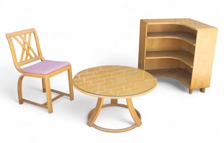 Heywood-Wakefield Corner Bookcase, Chair, & Table