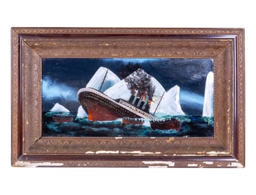 Mid Century Reverse Painted Glass Titanic Art