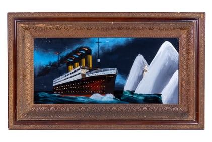 Mid Century Reverse Painted Glass Titanic Art
