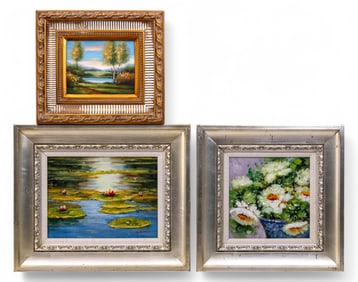 3 Paintings w/ Lake, Waterlillies, and Flowers