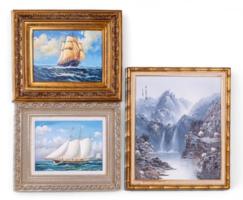 3 Paintings inclu Tall Ships, Asian Waterfall